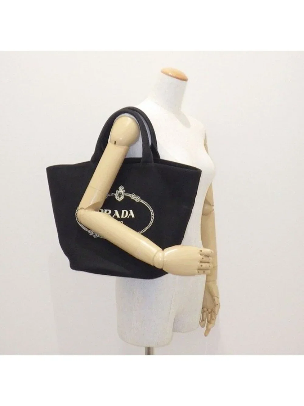 Prada Tote Canapa Bucket Bag Black Canvas Leather Silver